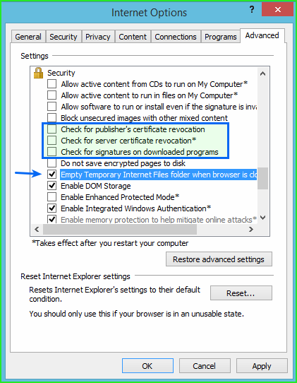 IE11_options5_dont_check_certificates_and_erase_temporary_files
